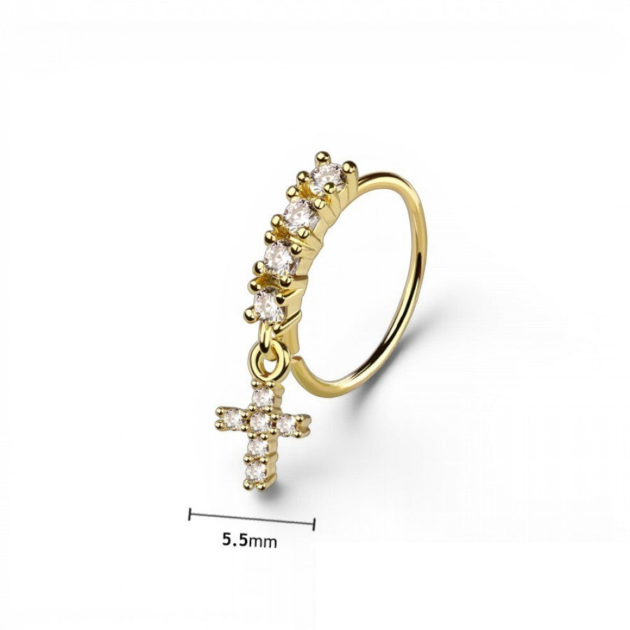MKBodyJewelry gold surgical steel nose hoop with dangling CZ cross charm and sparkling crystal accents