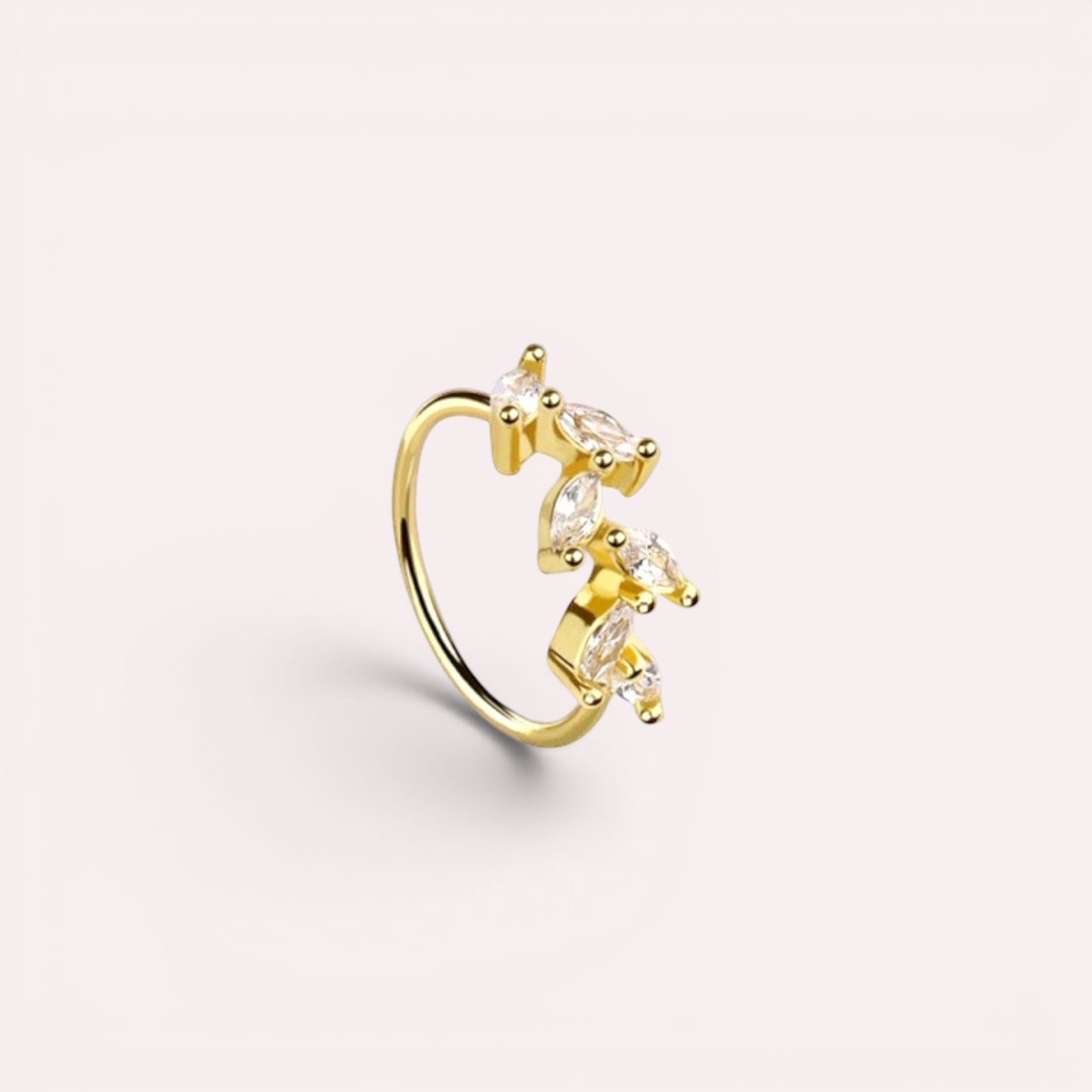 MKBodyJewelry 20g gold surgical steel nose hoop ring featuring a delicate leaf design with sparkling CZ stones.