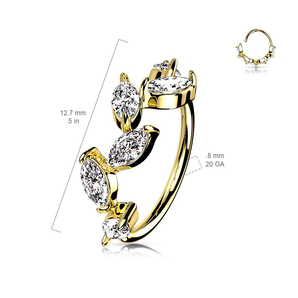 MKBodyJewelry 20g gold surgical steel nose hoop with marquise-cut CZ crystals for nose or cartilage piercing.