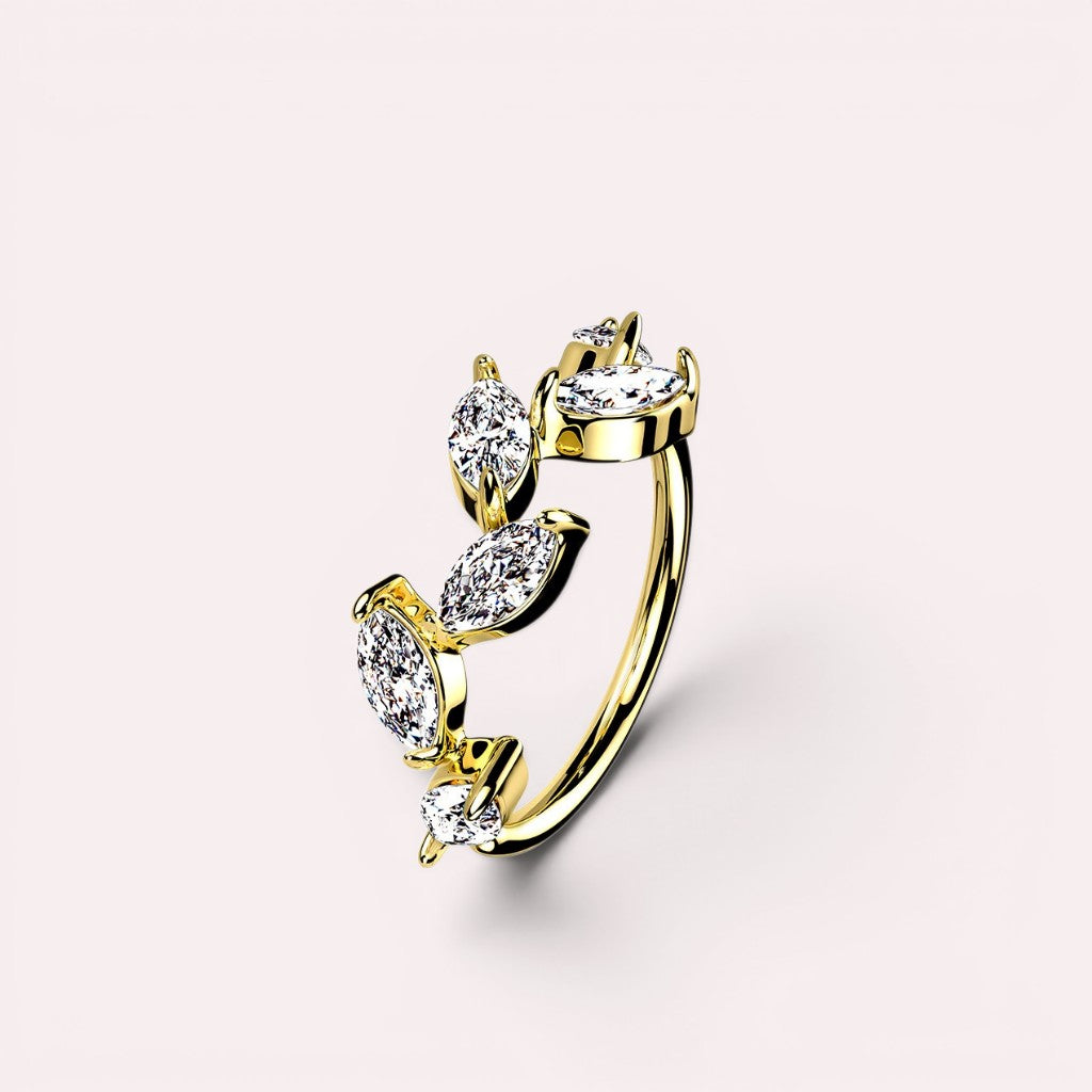 MKBodyJewelry 20g gold surgical steel nose hoop with sparkling marquise CZ stones in a delicate leaf design