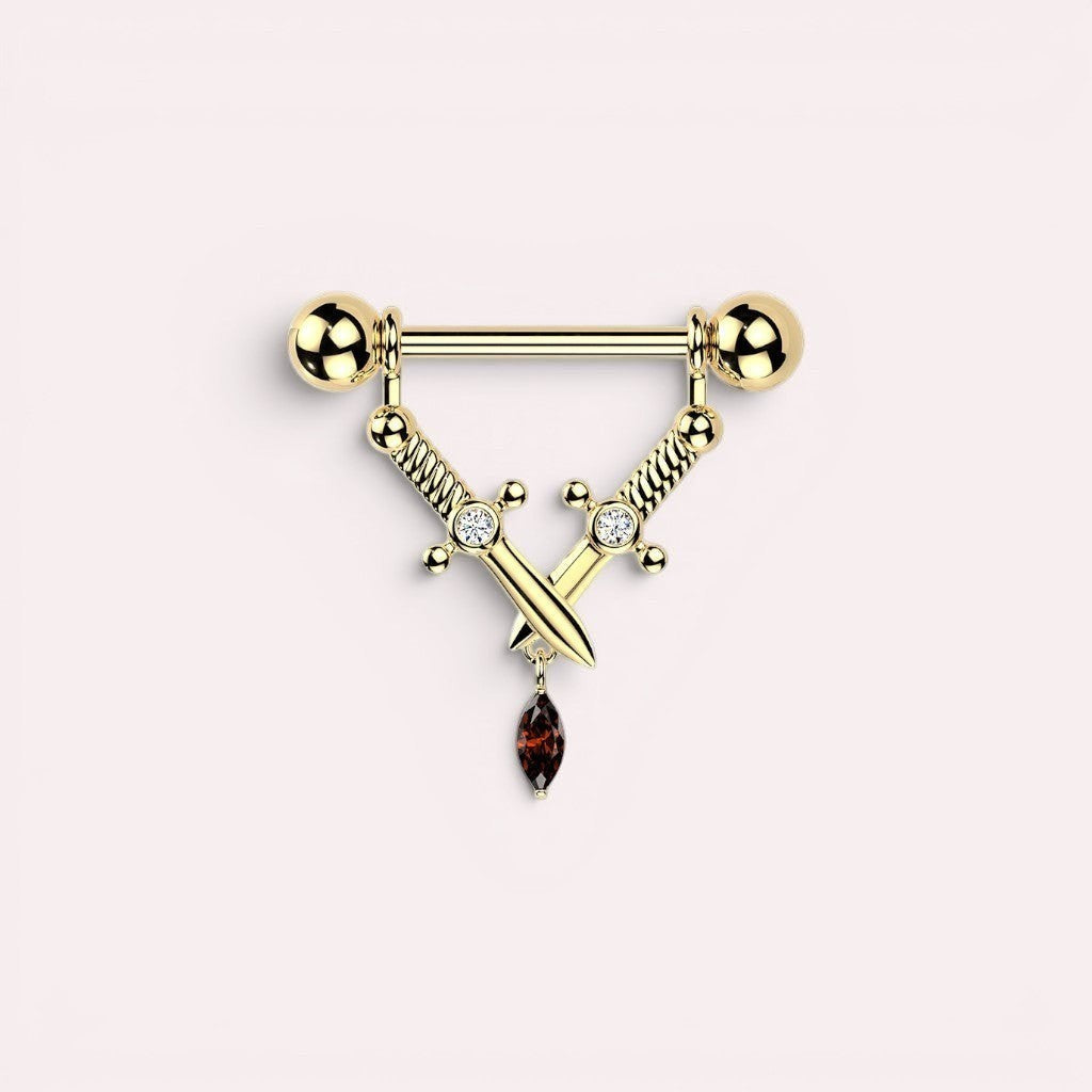 MKBodyJewelry gold dangling dagger nipple barbell in surgical steel with crystal accents and a teardrop charm.