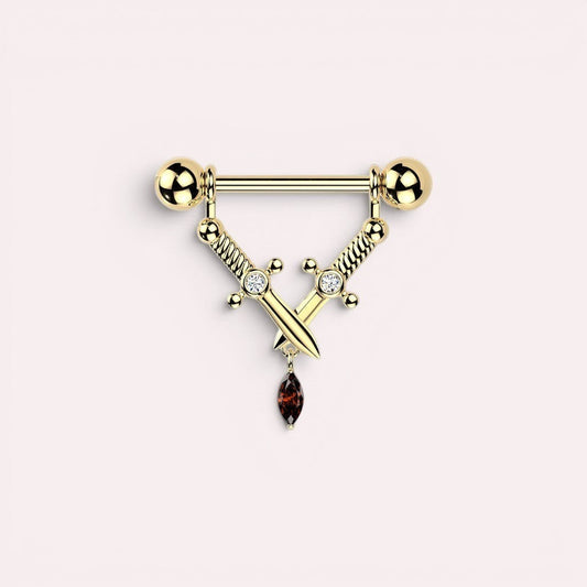 MKBodyJewelry gold dangling dagger nipple barbell in surgical steel with crystal accents and a teardrop charm.