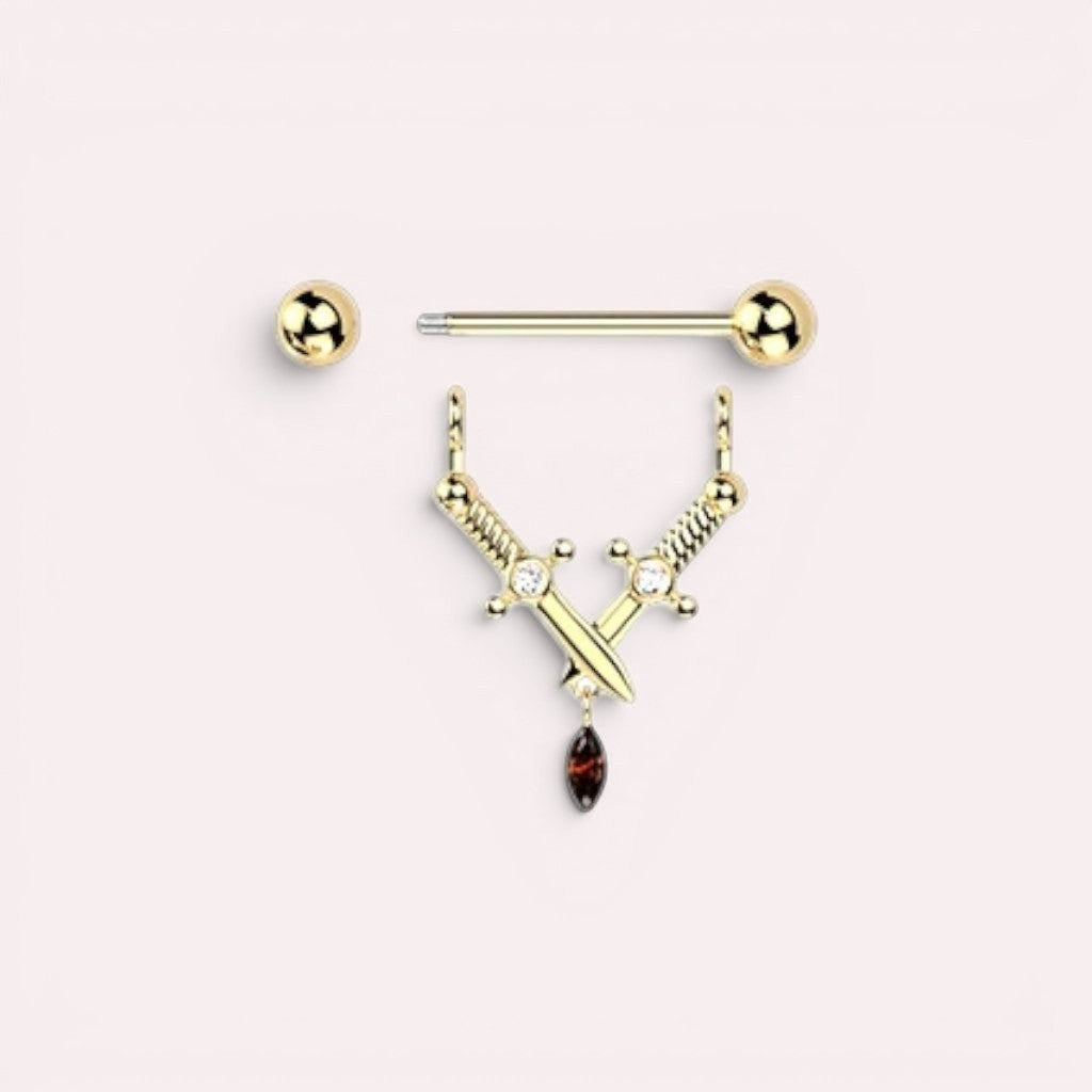 MKBodyJewelry 14g gold surgical steel dangling dagger nipple barbell pair with sword charms and red stone accent.