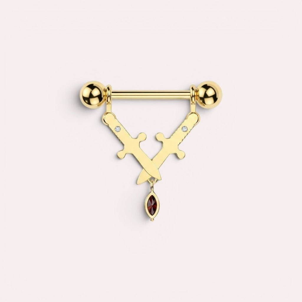 MKBodyJewelry 14g gold surgical steel nipple barbell featuring dangling crossed swords with a red gemstone charm.