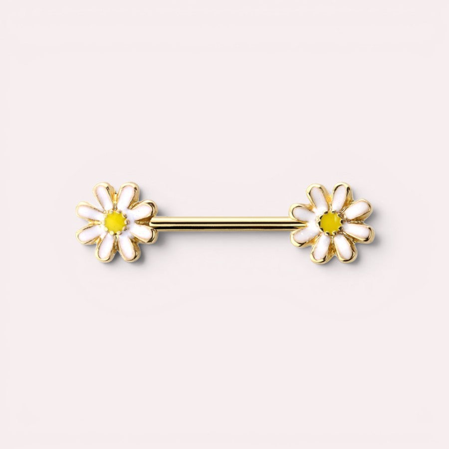 MKBodyJewelry 14G gold daisy nipple barbell with white and yellow floral enamel accents in surgical steel.
