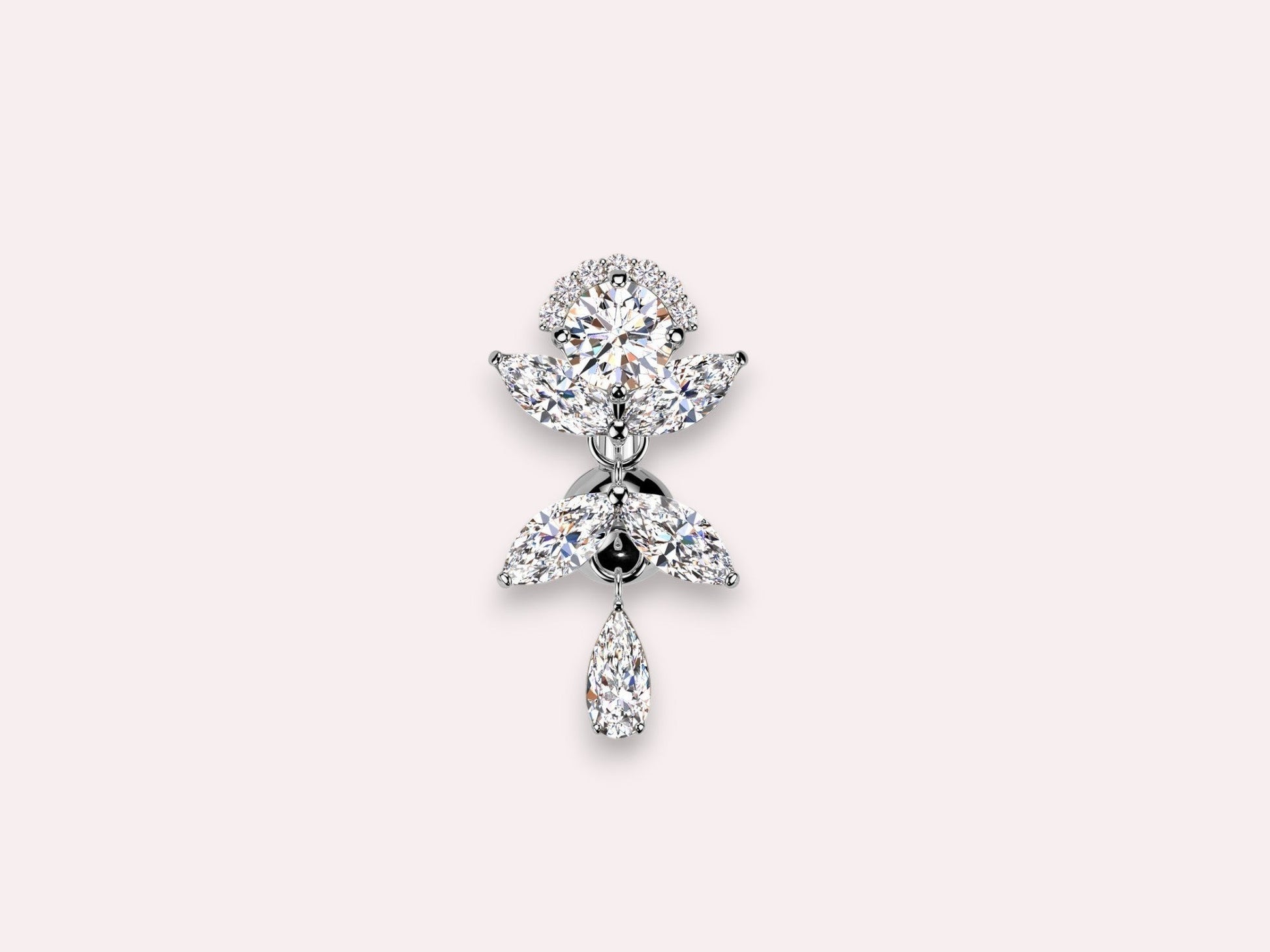 MKBodyJewelry gold inverted floral titanium belly button ring with CZ stones and a dangling pear-shaped stone.