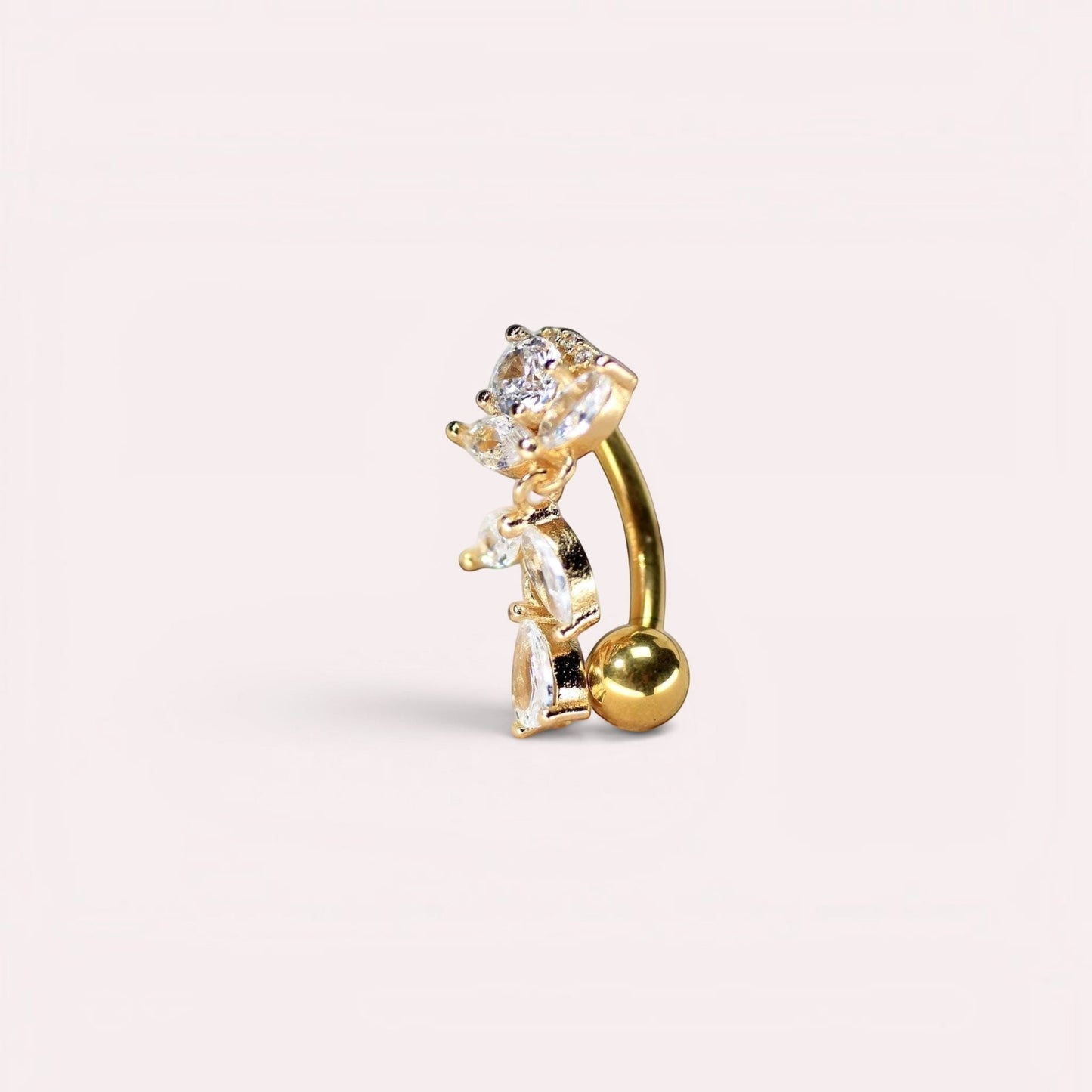MKBodyJewelry gold titanium inverted floral belly button ring with CZ stones, 14G gauge, 10mm bar.