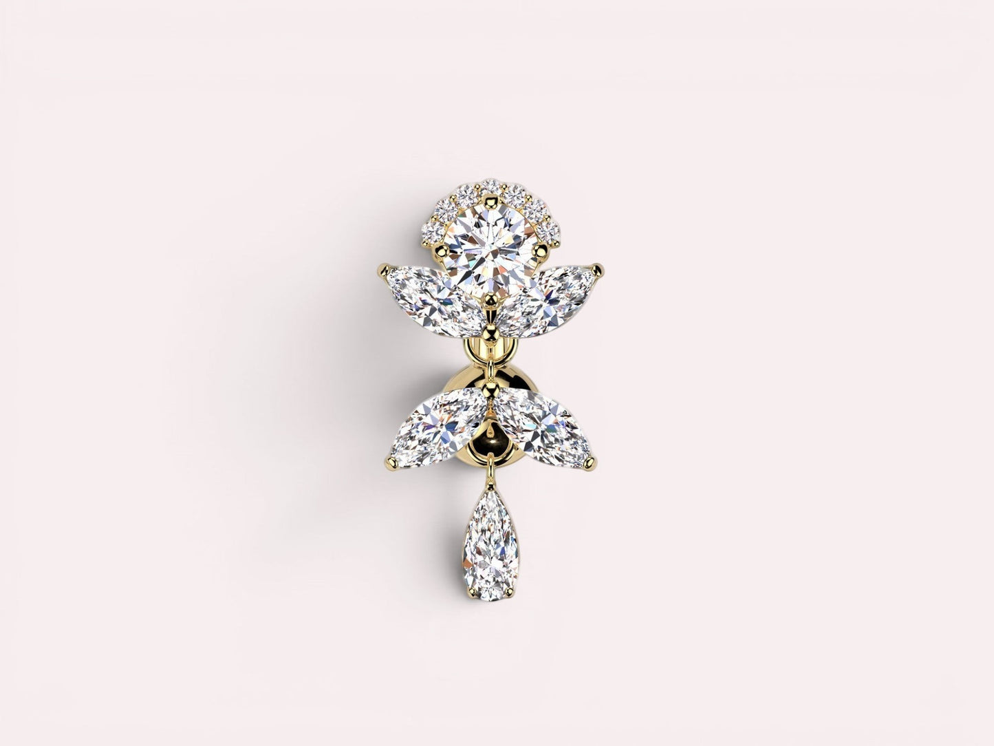 MKBodyJewelry gold inverted floral titanium belly button ring with CZ stones and a teardrop dangle.