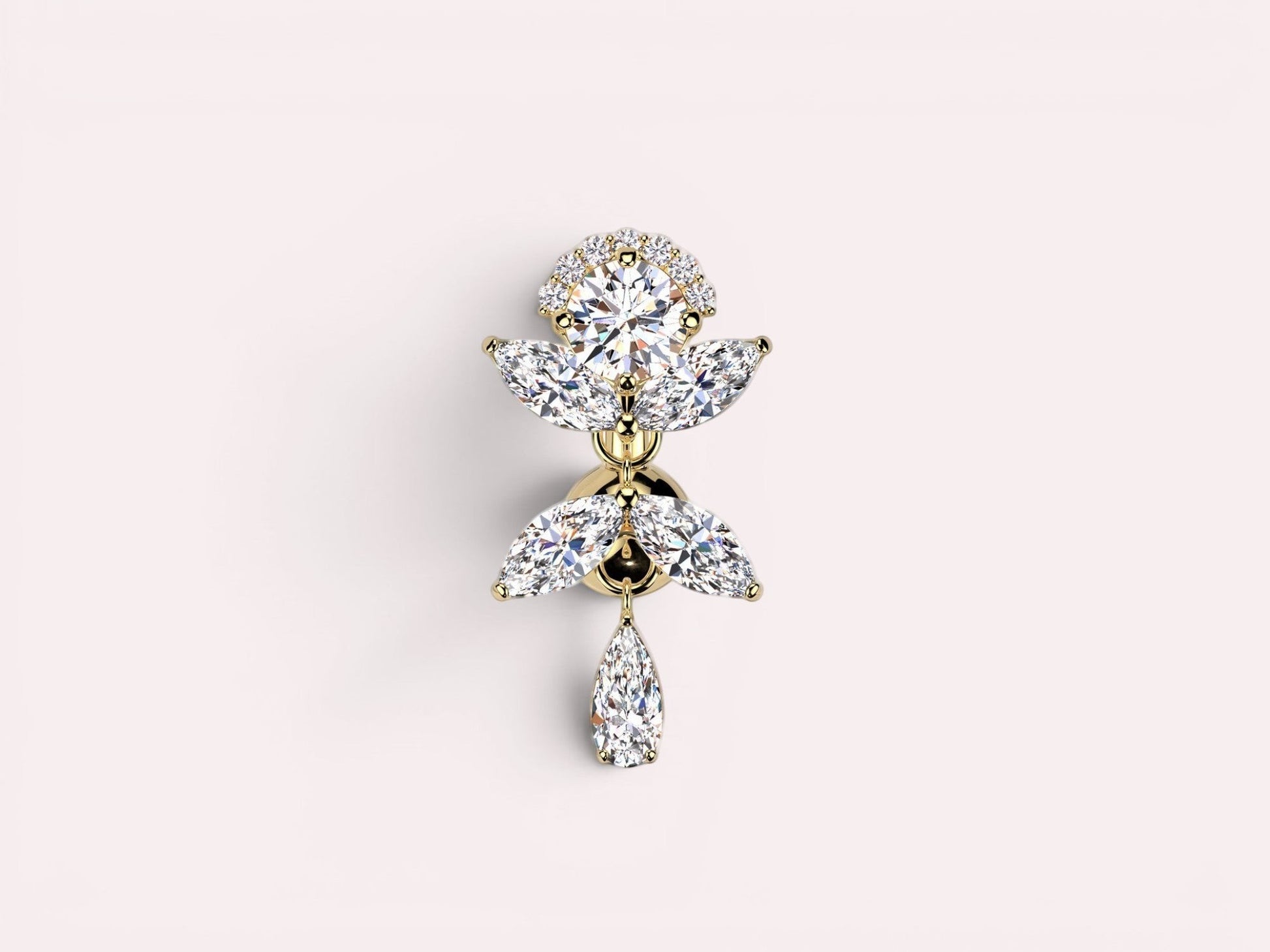 MKBodyJewelry gold inverted floral titanium belly button ring with CZ stones and a teardrop dangle.