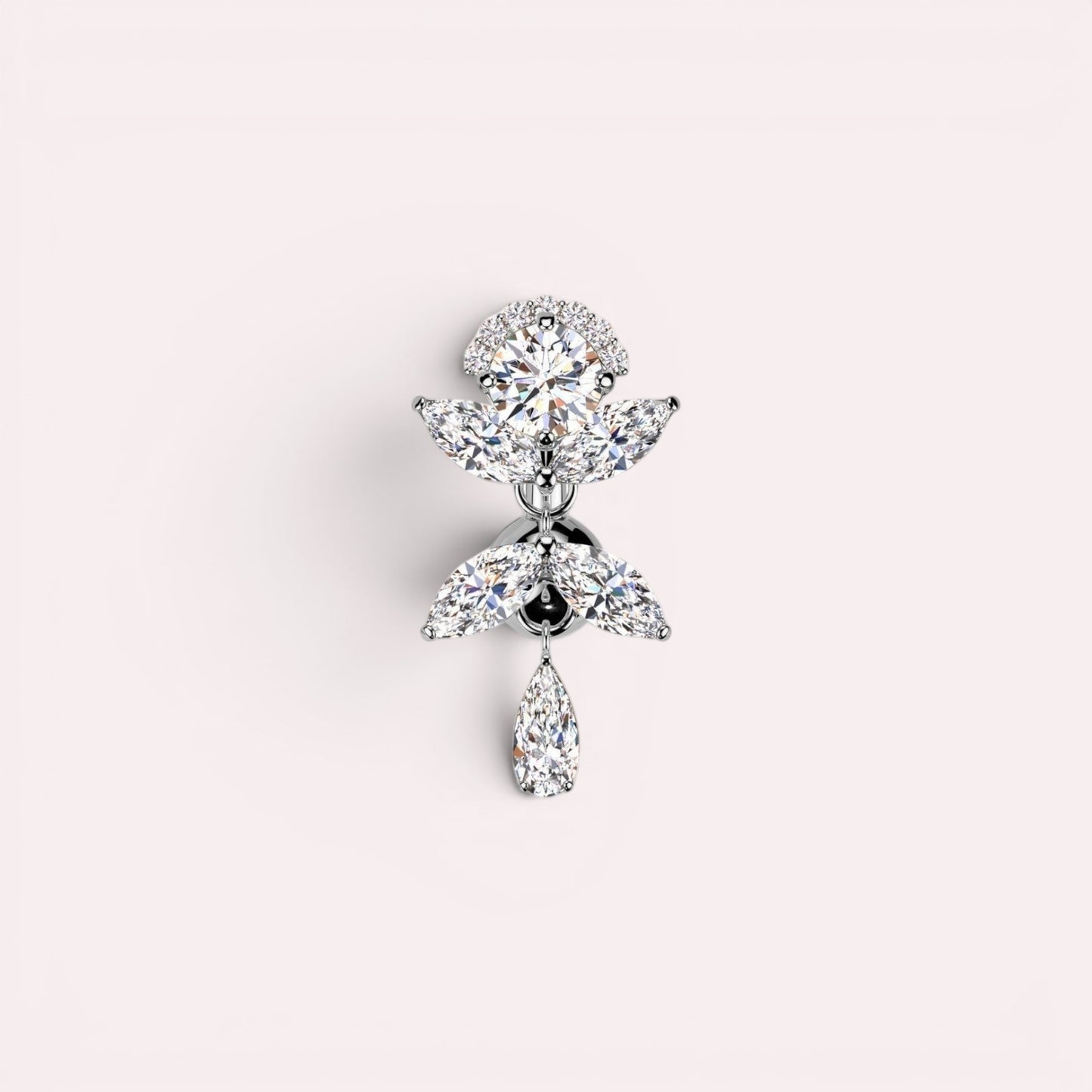 MKBodyJewelry gold inverted floral titanium belly button ring with CZ stones and a dangling pear-shaped stone.