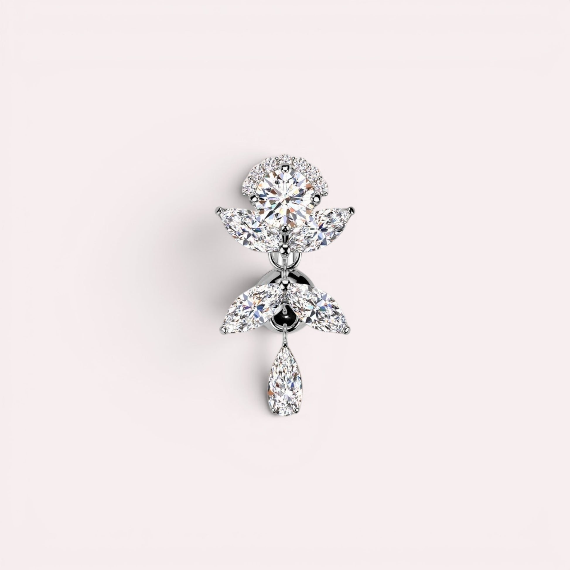 MKBodyJewelry gold inverted floral titanium belly button ring with CZ stones and a dangling pear-shaped stone.