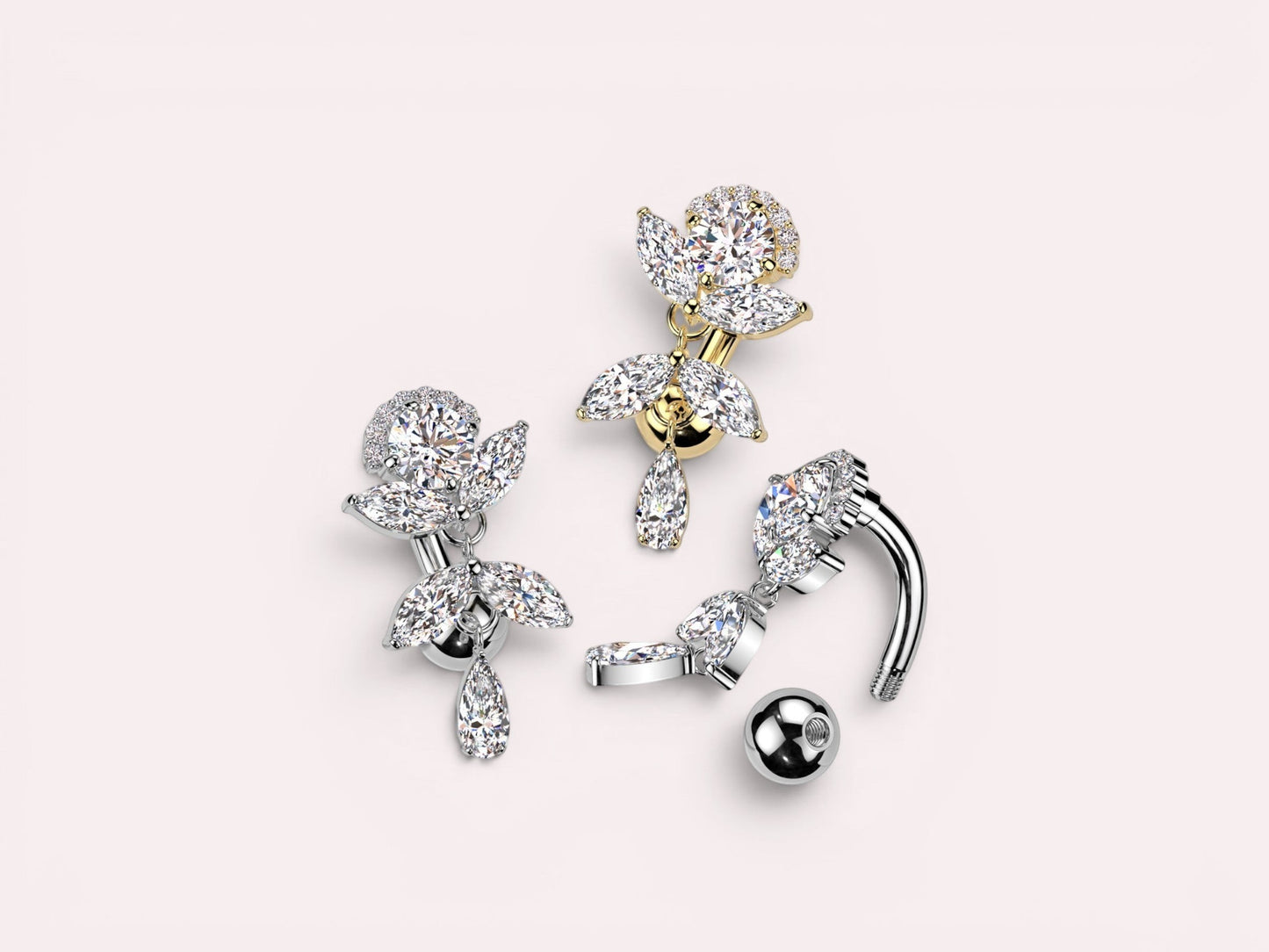 MKBodyJewelry gold inverted floral titanium belly button ring with CZ stones and a dangling pear-shaped charm.