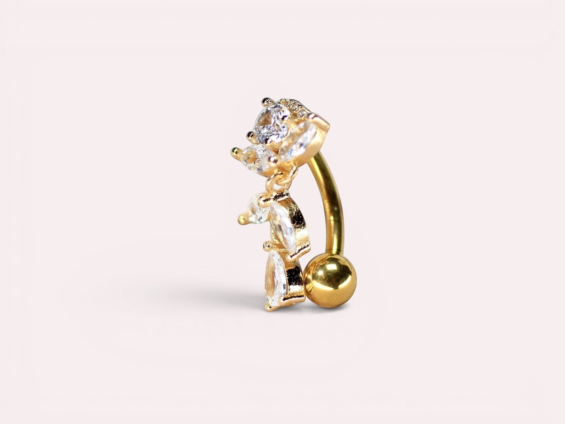 MKBodyJewelry gold titanium inverted floral belly button ring with CZ stones, 14G gauge, 10mm bar.