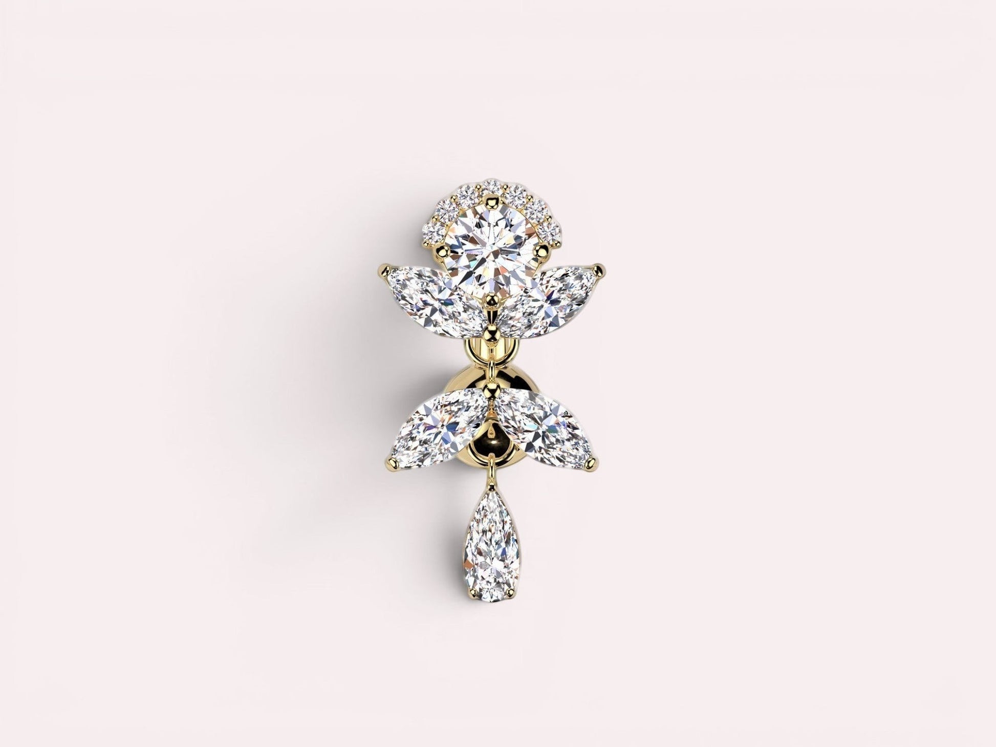 MKBodyJewelry gold inverted floral titanium belly button ring with CZ stones and a teardrop dangle.