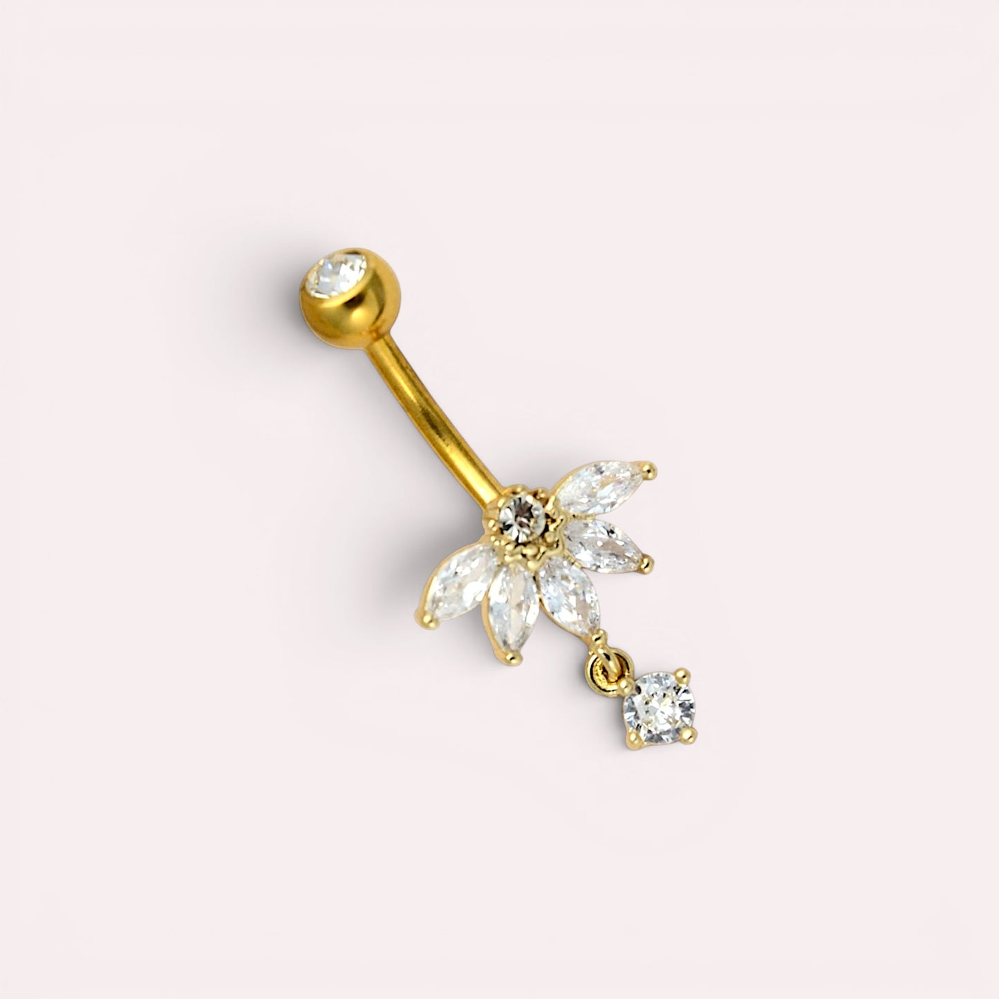 MKBodyJewelry gold floral belly button ring with clear CZ stones and dangling charm. 14G stainless steel.