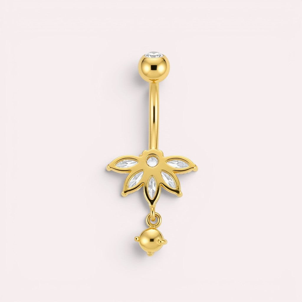 MKBodyJewelry gold floral belly button ring with clear CZ stones and dangling bead. Stainless steel, 14G.