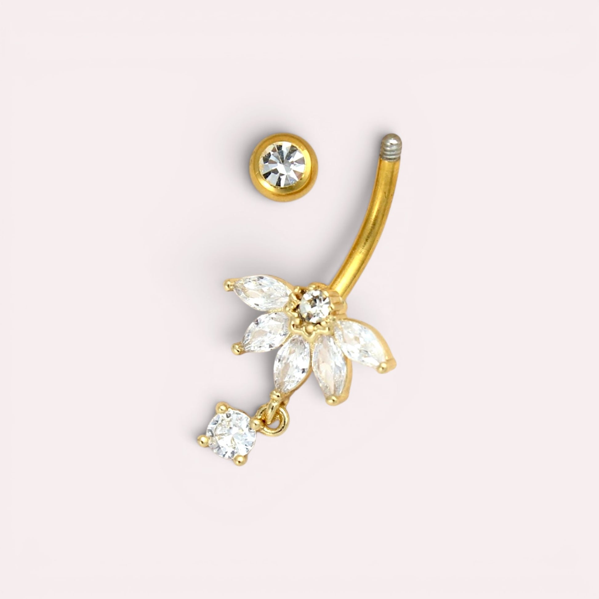 MKBodyJewelry gold floral belly button ring with clear CZ stones, 14G stainless steel.