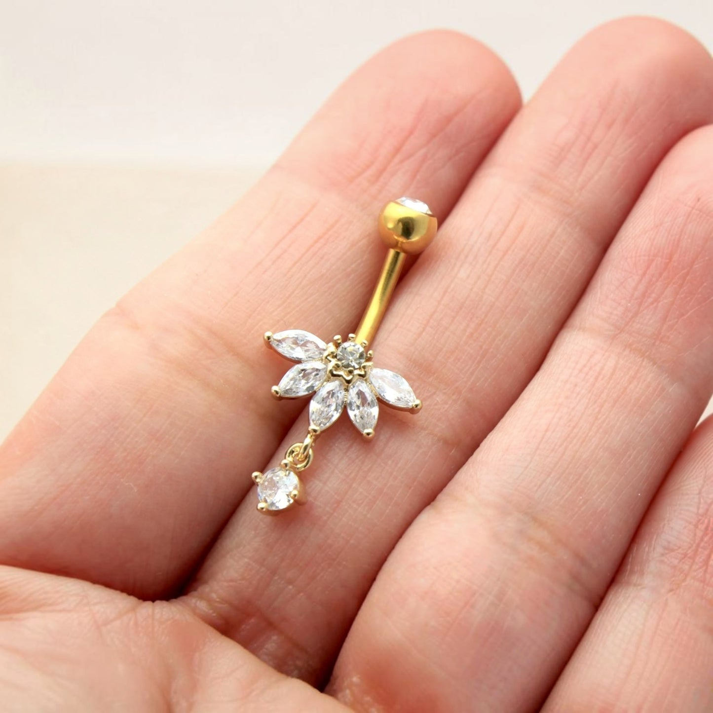MKBodyJewelry gold floral belly button ring with clear CZ stones, 14G stainless steel