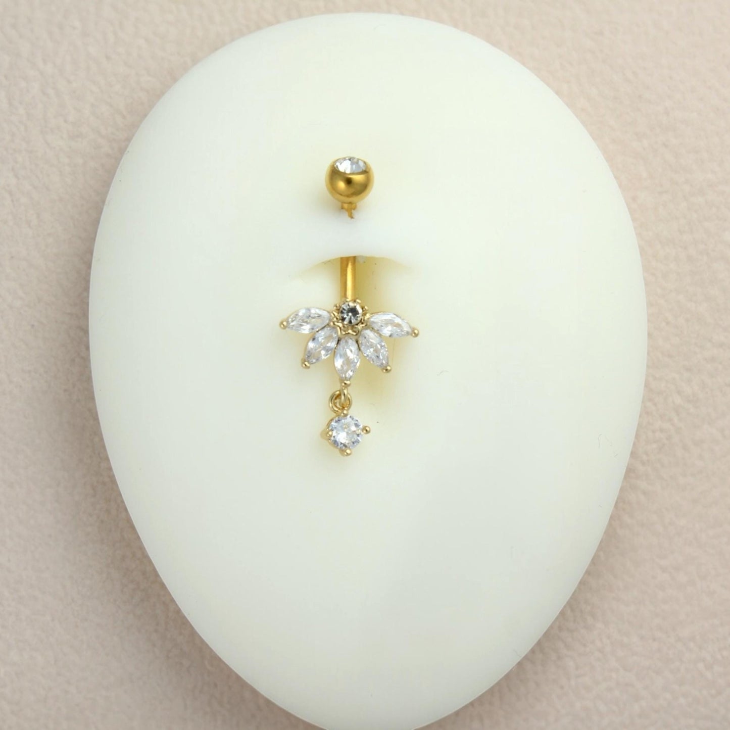 MKBodyJewelry gold floral belly button ring with clear CZ stones, 14G stainless steel