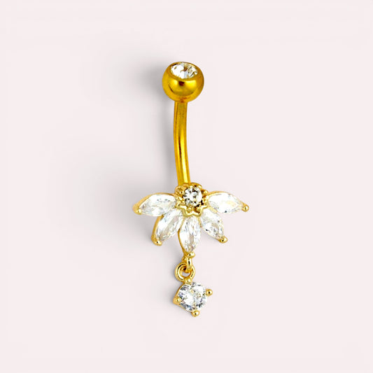 MKBodyJewelry gold floral belly button ring with clear CZ stones, 14G stainless steel