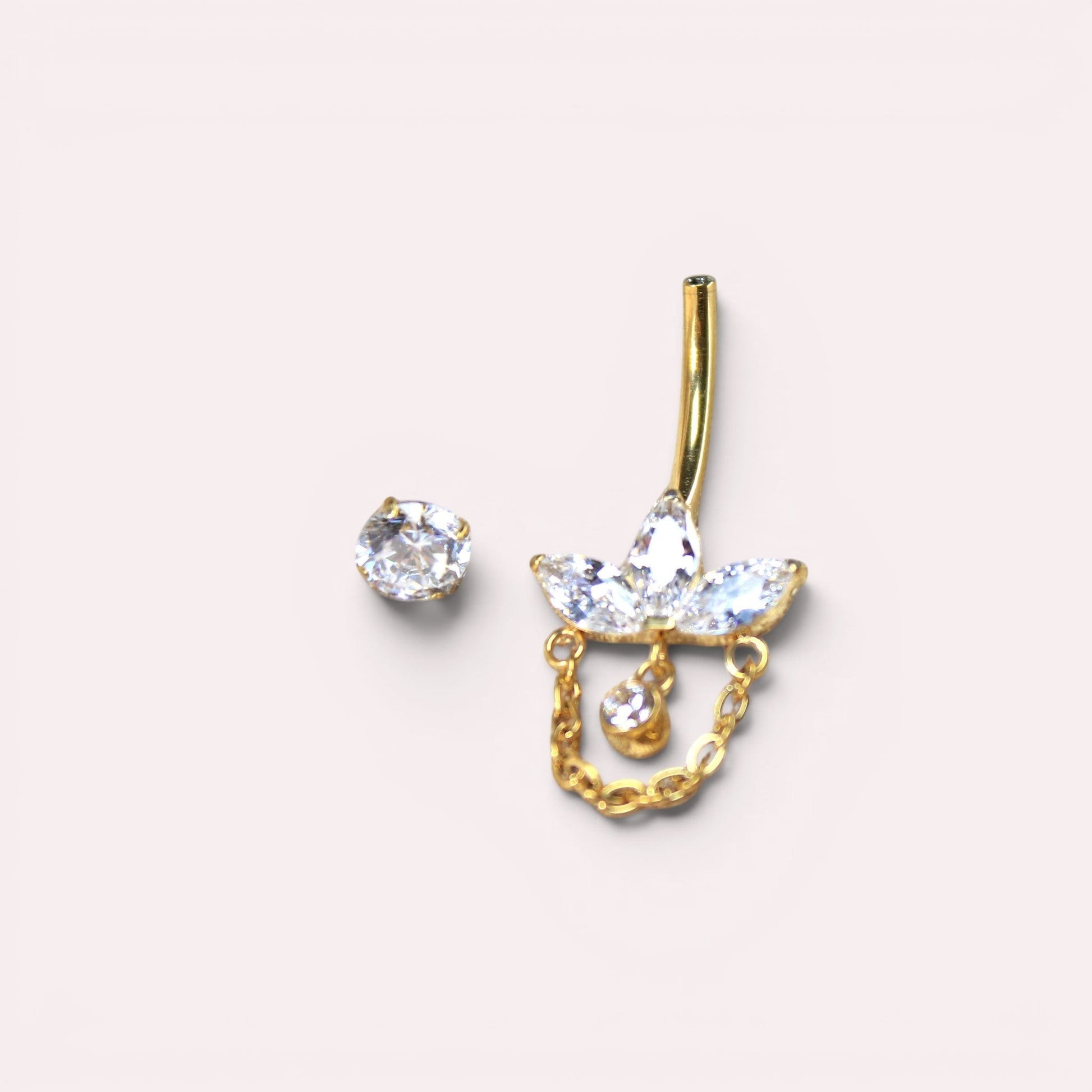 MKBodyJewelry 14g gold titanium belly ring with a floral marquise gem dangle chain and internally threaded barbell.
