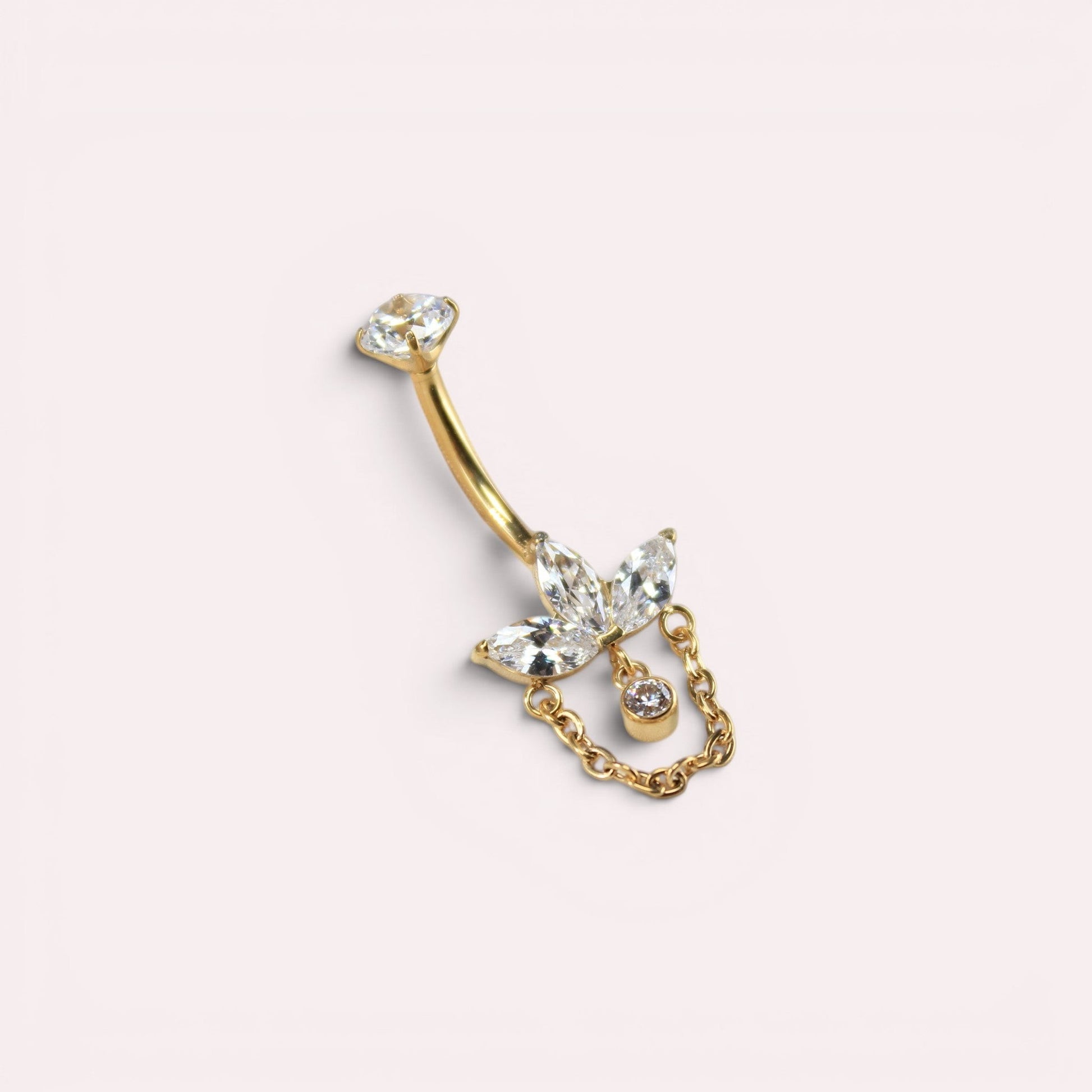 MKBodyJewelry 14g gold titanium belly ring with a floral marquise gem dangle chain and internally threaded barbell.