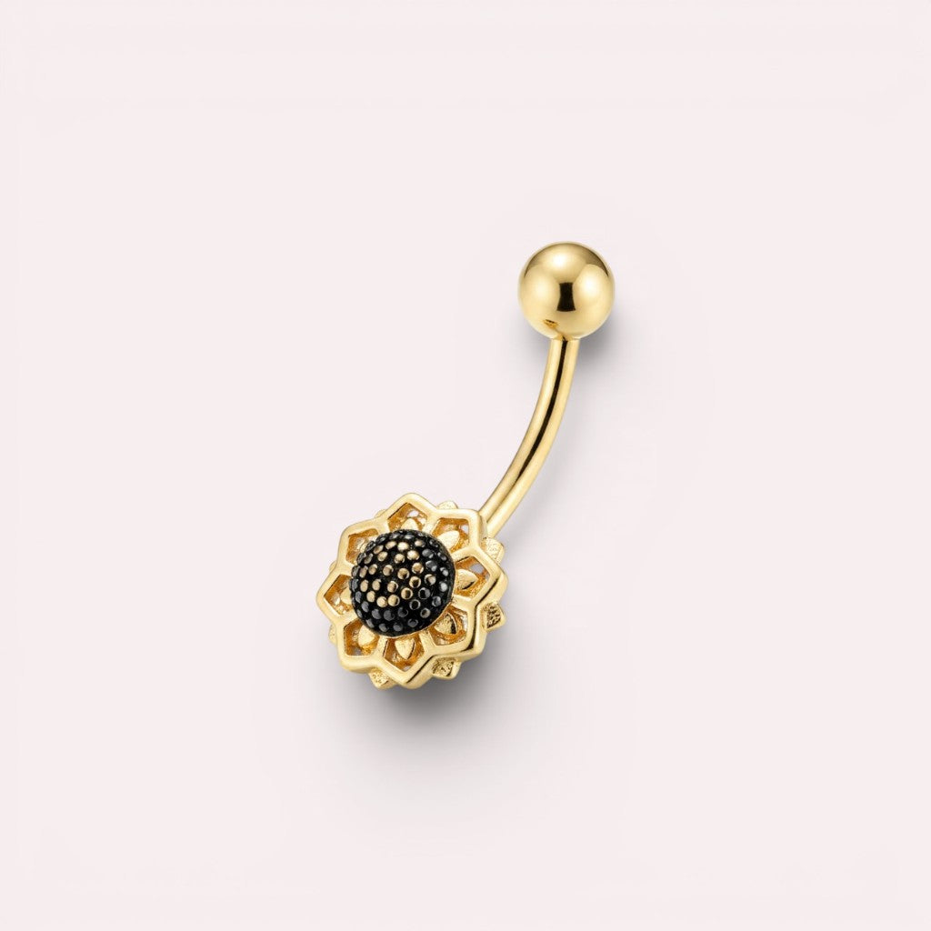 MKBodyJewelry 14G gold floral belly ring featuring a dainty flower design with a black center in surgical steel
