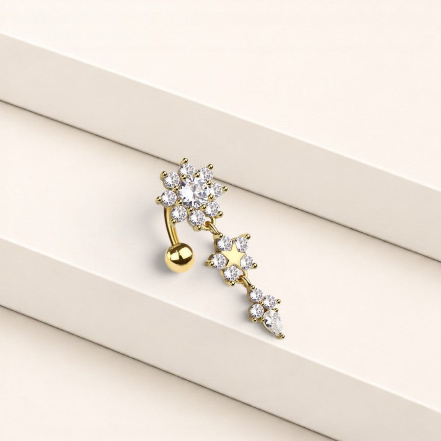 MKBodyJewelry gold-tone dangling belly button ring with floral, star, and teardrop charms featuring cubic zirconia stones.