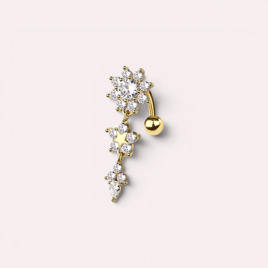 MKBodyJewelry gold-tone dangling belly button ring with floral, star, and teardrop charms featuring cubic zirconia.
