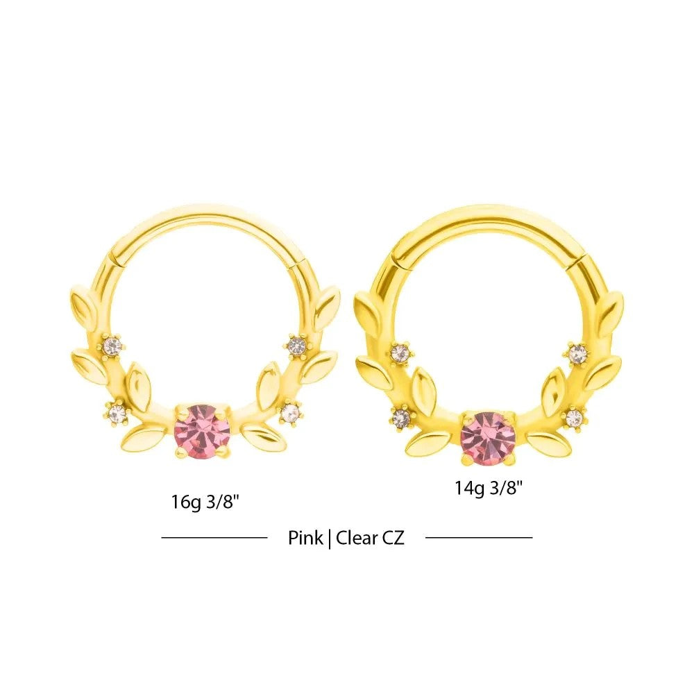 MKBodyJewelry gold septum clicker rings with pink and clear floral gem accents in 14g and 16g surgical steel