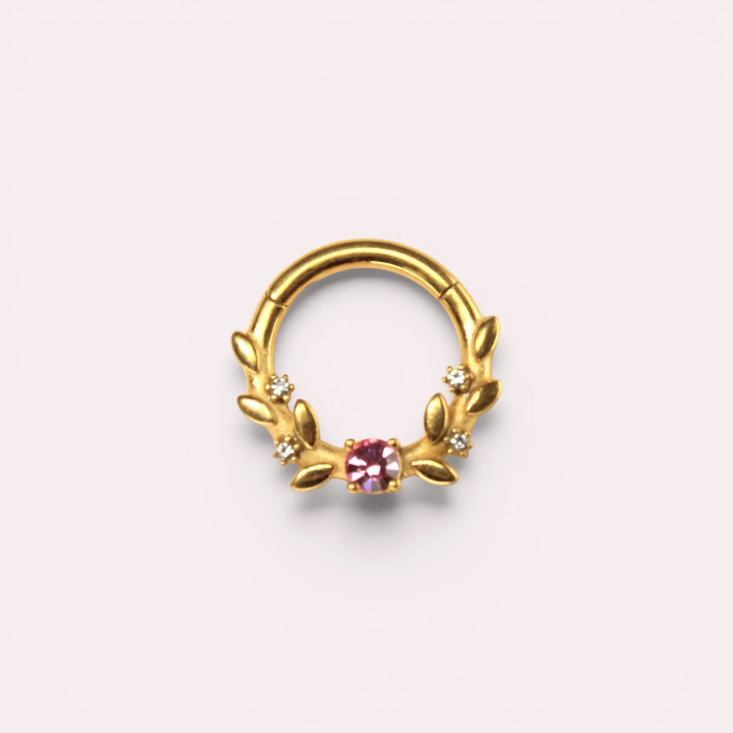 MKBodyJewelry gold septum clicker ring with pink gem and floral leaf design in surgical steel