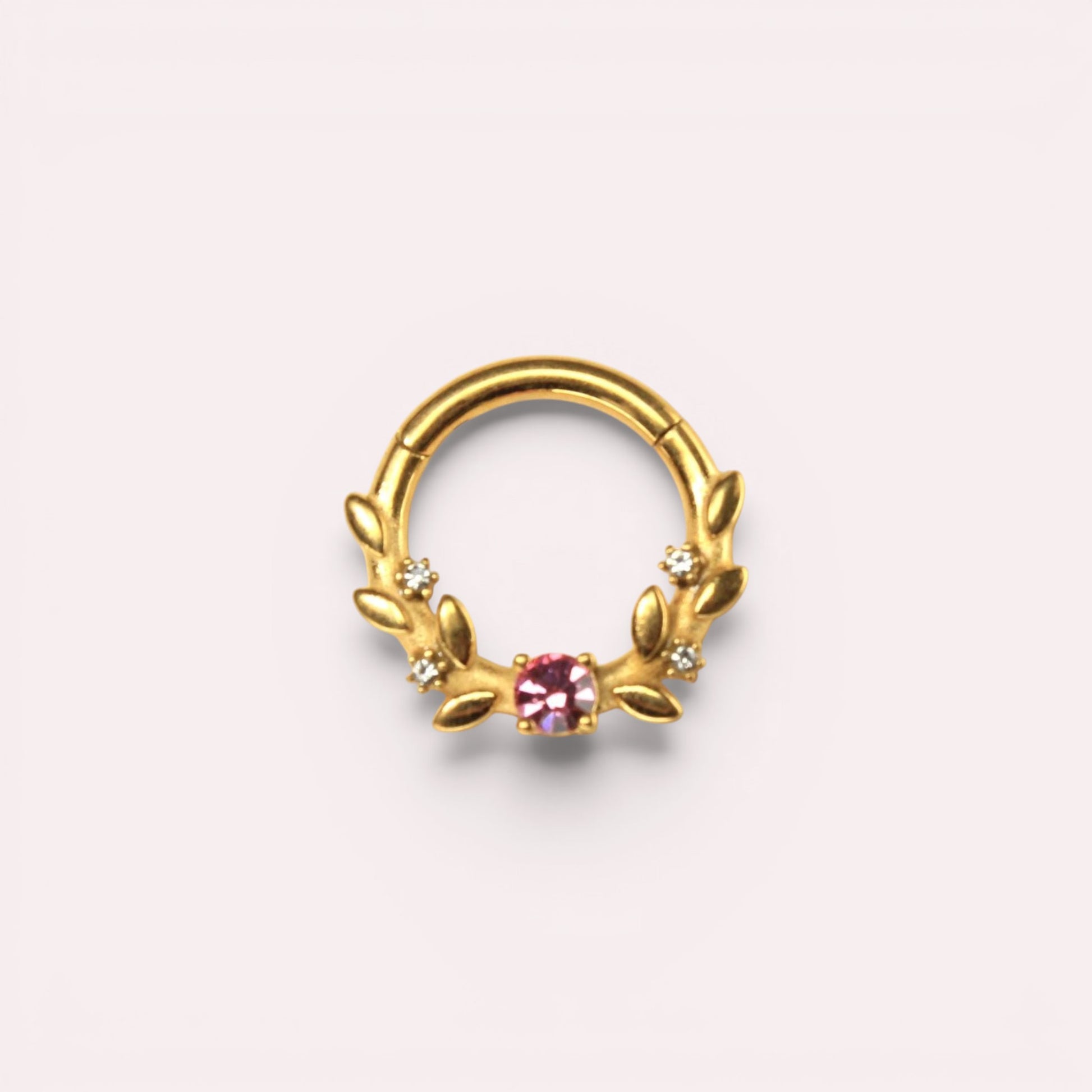 MKBodyJewelry gold septum clicker ring with pink gem and floral leaf design in surgical steel