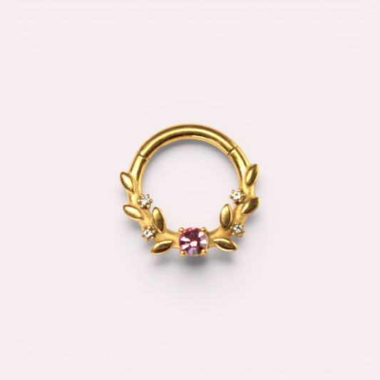 MKBodyJewelry gold septum clicker ring with pink gem and floral leaf design in surgical steel
