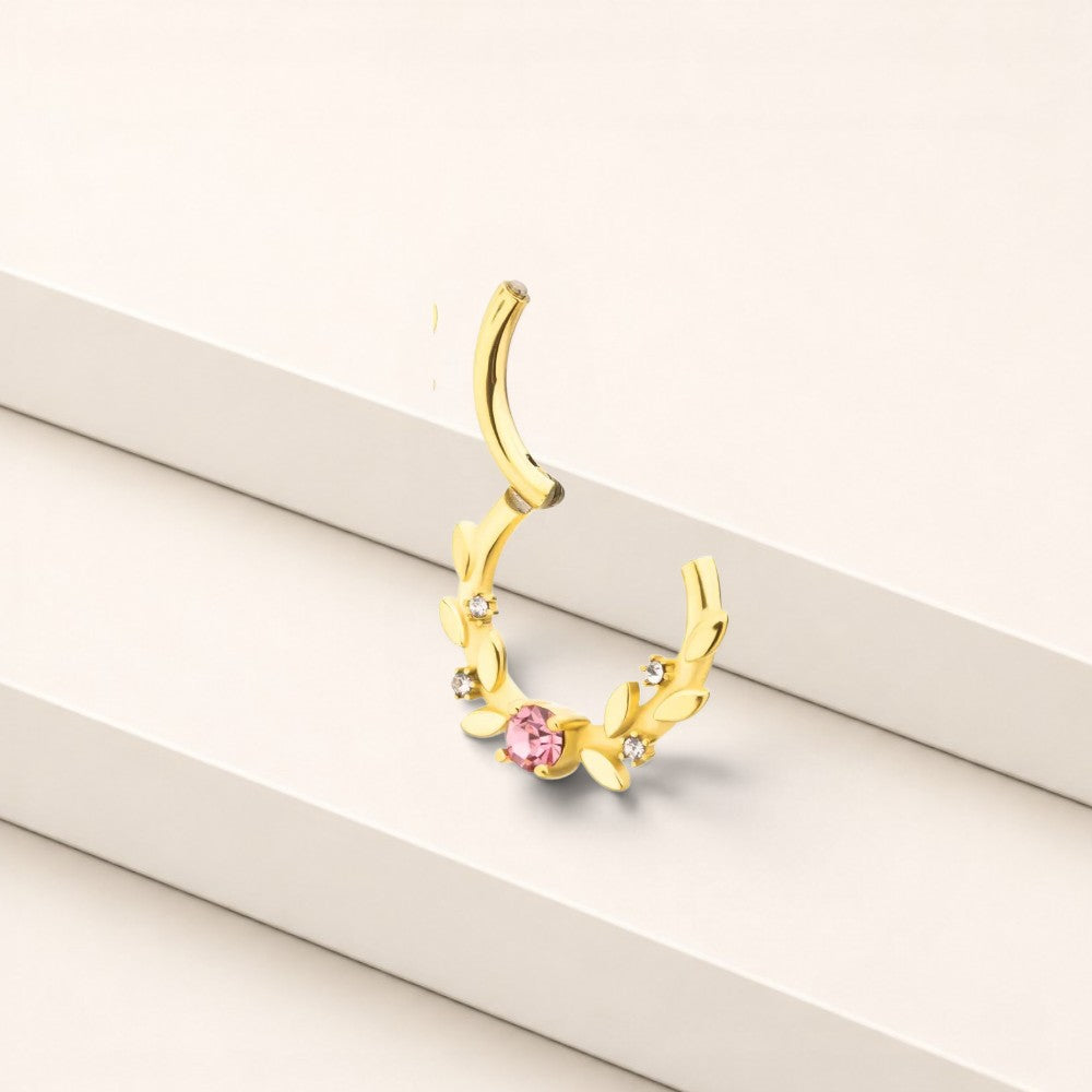 MKBodyJewelry gold surgical steel septum clicker ring with pink and clear floral gem accents