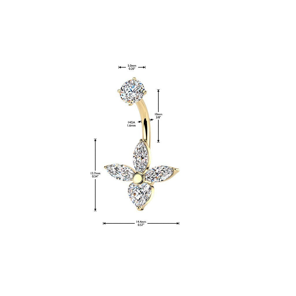 MKBodyJewelry gold flower belly button ring with cubic zirconia stones and curved barbell