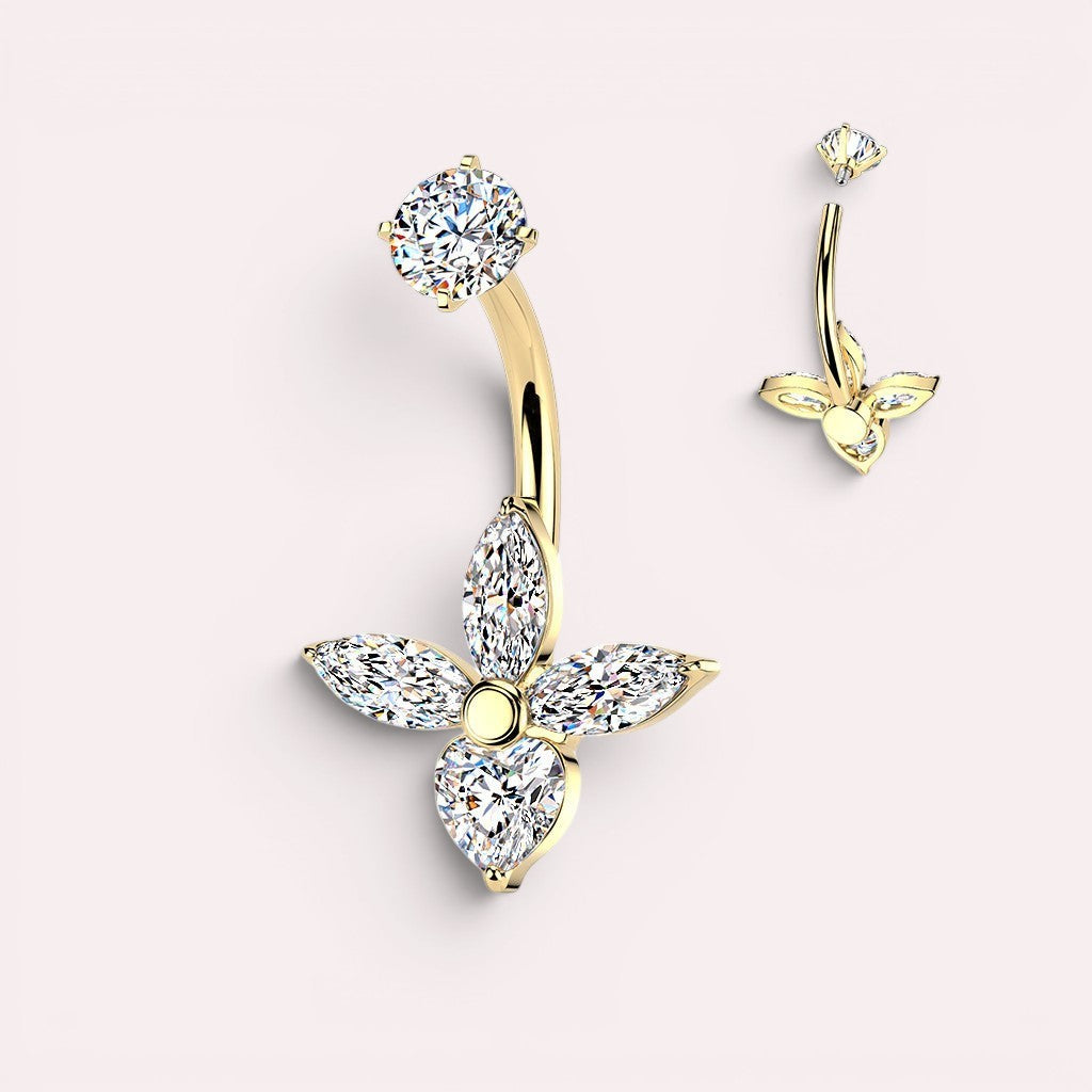 MKBodyJewelry gold flower belly button ring with cubic zirconia stones and curved barbell