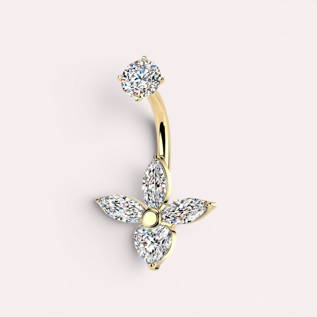 MKBodyJewelry gold flower belly button ring with cubic zirconia stones and curved barbell