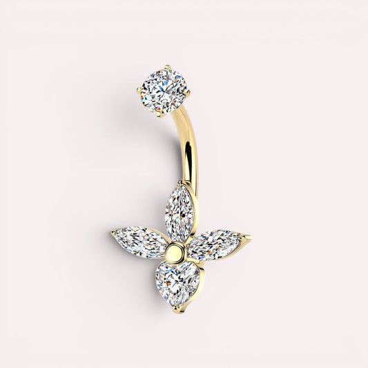 MKBodyJewelry gold flower belly button ring with cubic zirconia stones and curved barbell