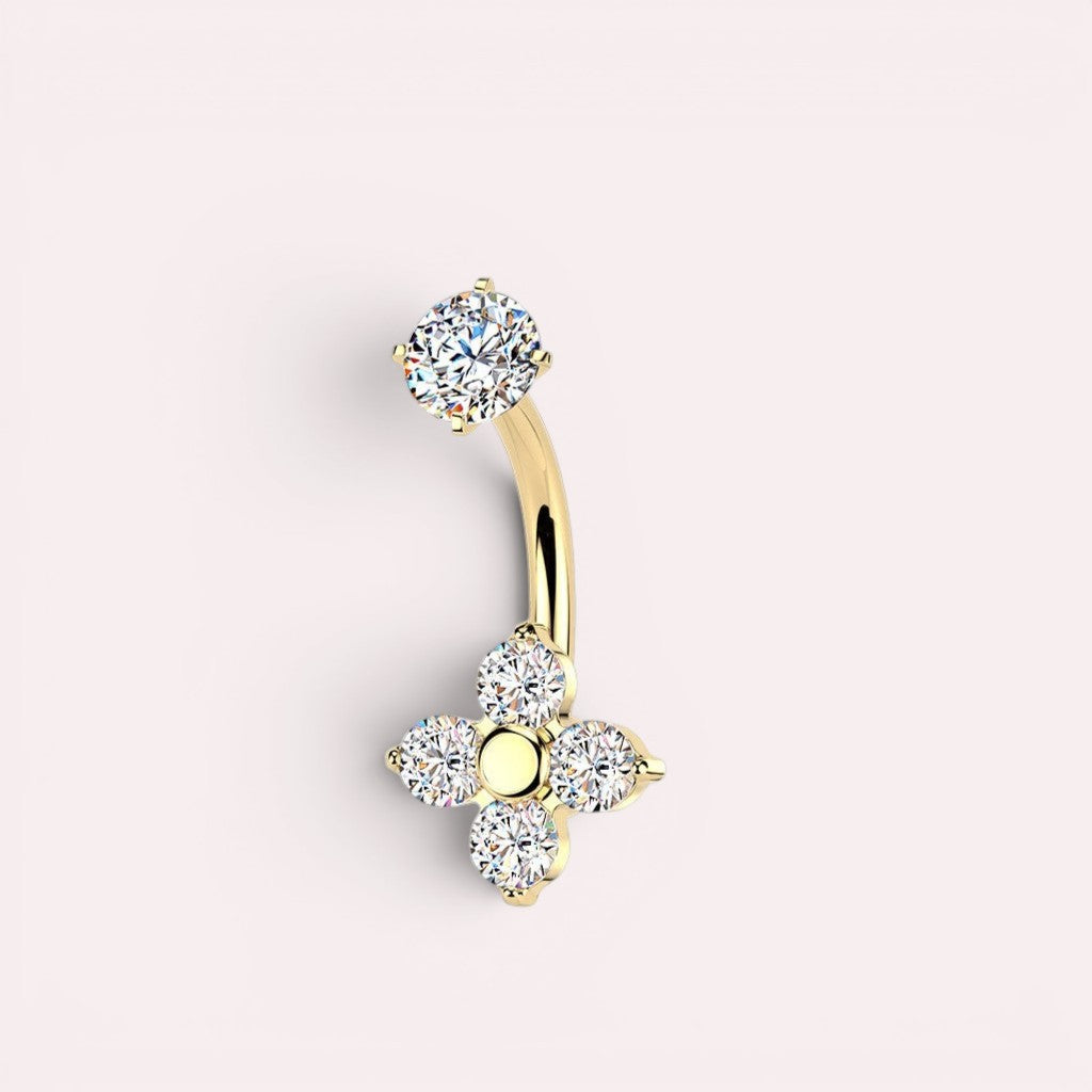 MKBodyJewelry gold belly button ring with four petal flower design and cubic zirconia stones.
