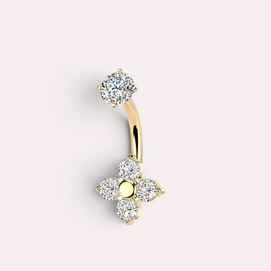 MKBodyJewelry gold belly button ring with four petal flower design and cubic zirconia stones.