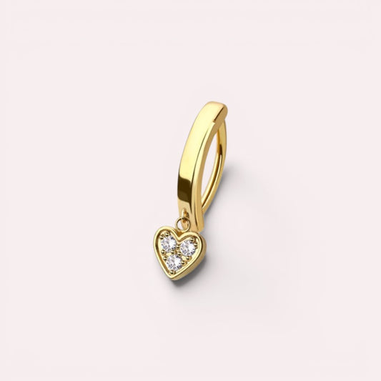 MKBodyJewelry gold dangling belly button ring with a heart charm featuring three sparkling crystals on a clicker hoop.