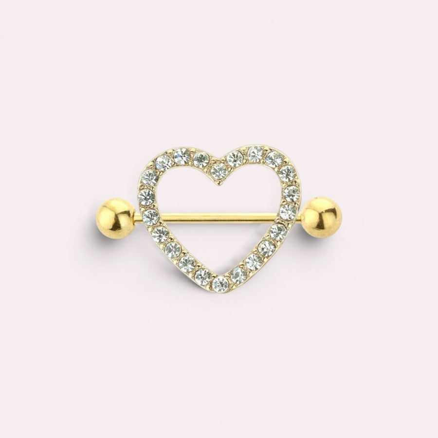 MKBodyJewelry gold heart nipple barbell with sparkling paved gemstones, crafted from surgical steel.