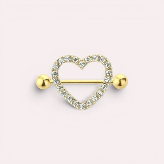 MKBodyJewelry gold heart nipple barbell with sparkling paved gemstones, crafted from surgical steel.