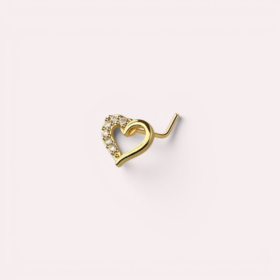 MKBodyJewelry 20G gold heart nose stud with sparkling CZ gems in an L-shape design for comfortable piercing wear.