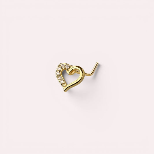 MKBodyJewelry 20G gold heart nose stud with sparkling CZ gems in an L-shape design for comfortable piercing wear.