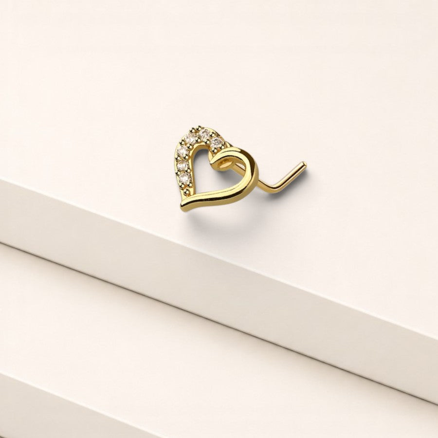 MKBodyJewelry 20G gold heart nose stud featuring sparkling CZ gems on a surgical steel L-shaped post