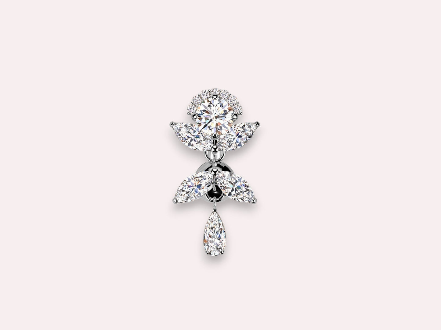 MKBodyJewelry gold inverted floral titanium belly button ring with CZ stones and a pear-shaped drop.