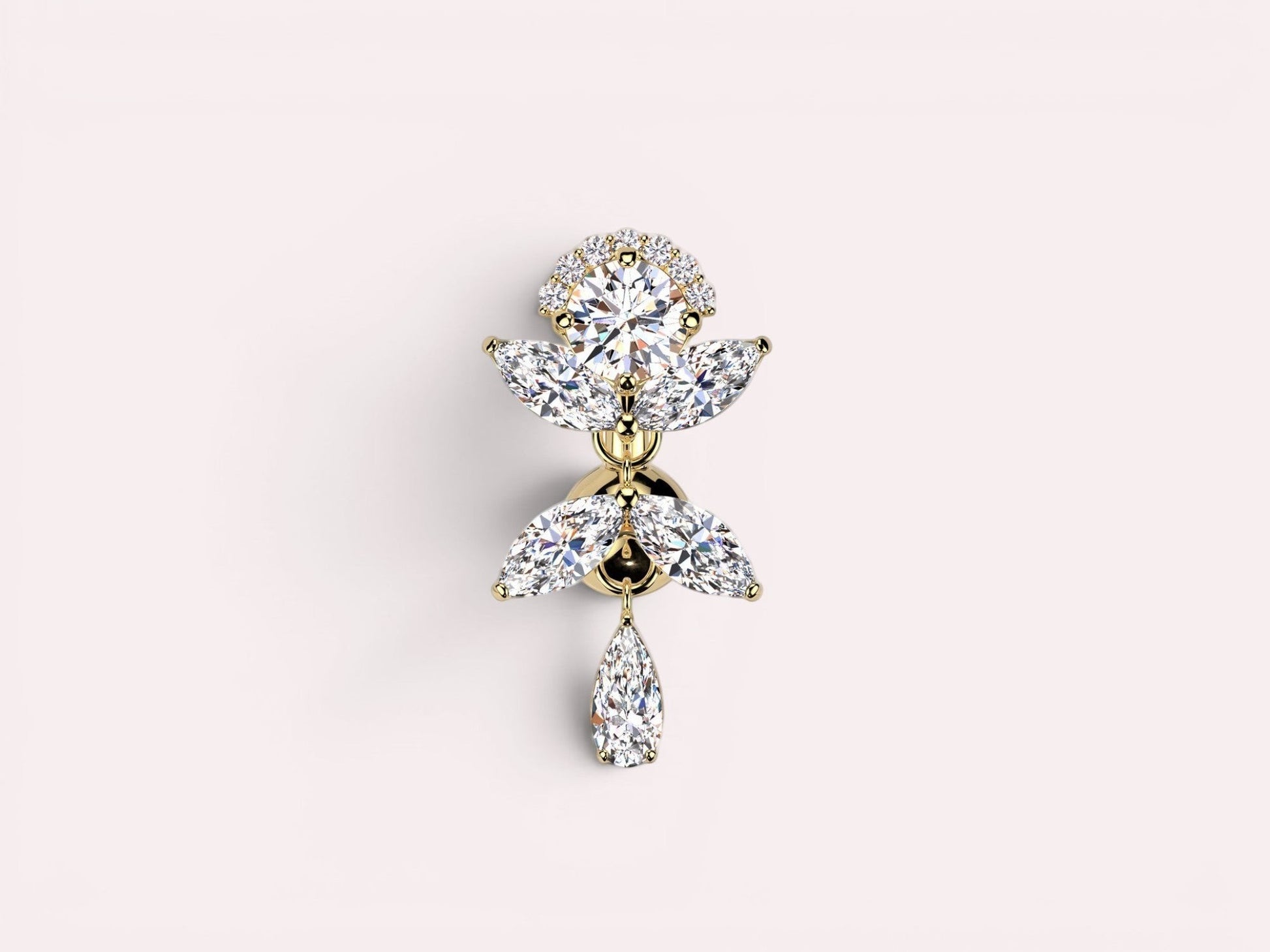 MKBodyJewelry gold inverted floral titanium belly button ring with CZ stones and a dangling pear-shaped stone.