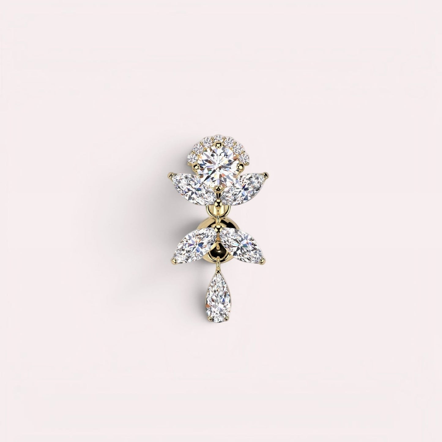 MKBodyJewelry gold inverted floral titanium belly button ring with CZ stones and a dangling pear-shaped stone.