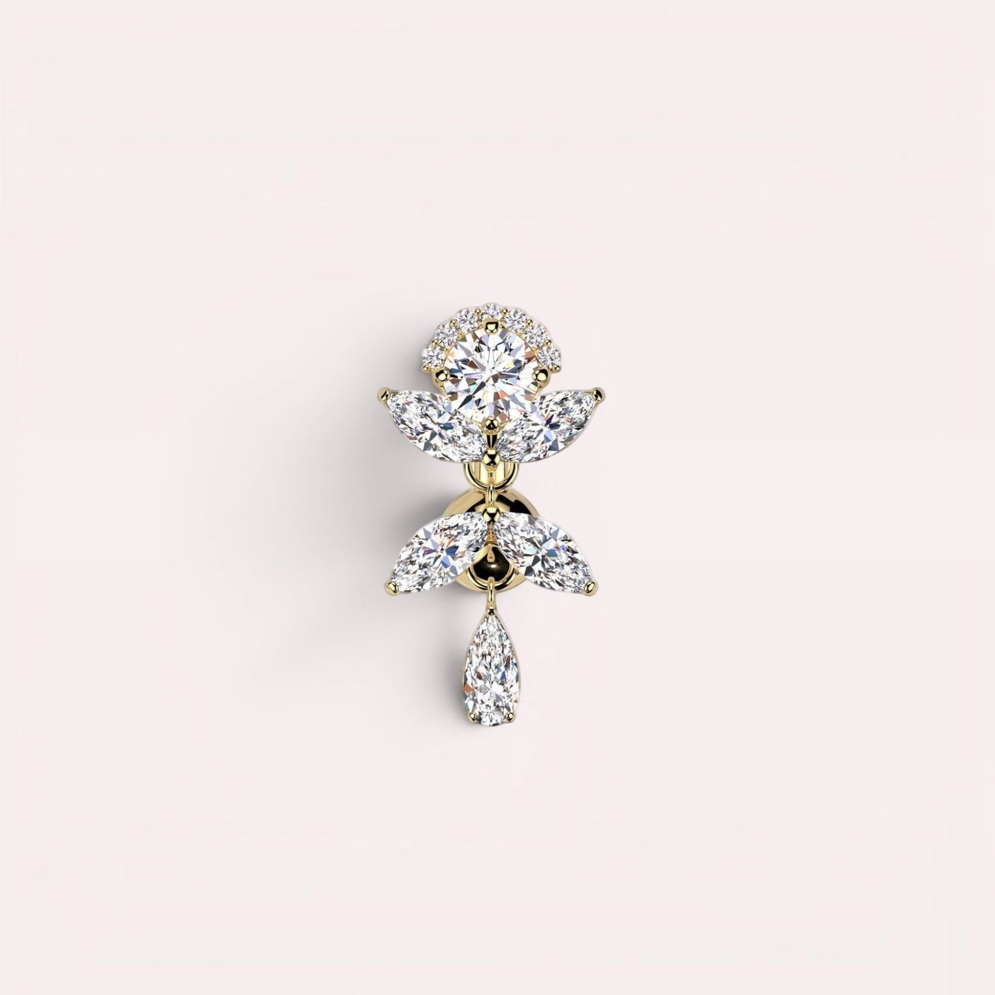 MKBodyJewelry gold inverted floral titanium belly button ring with CZ stones and a dangling pear-shaped stone.